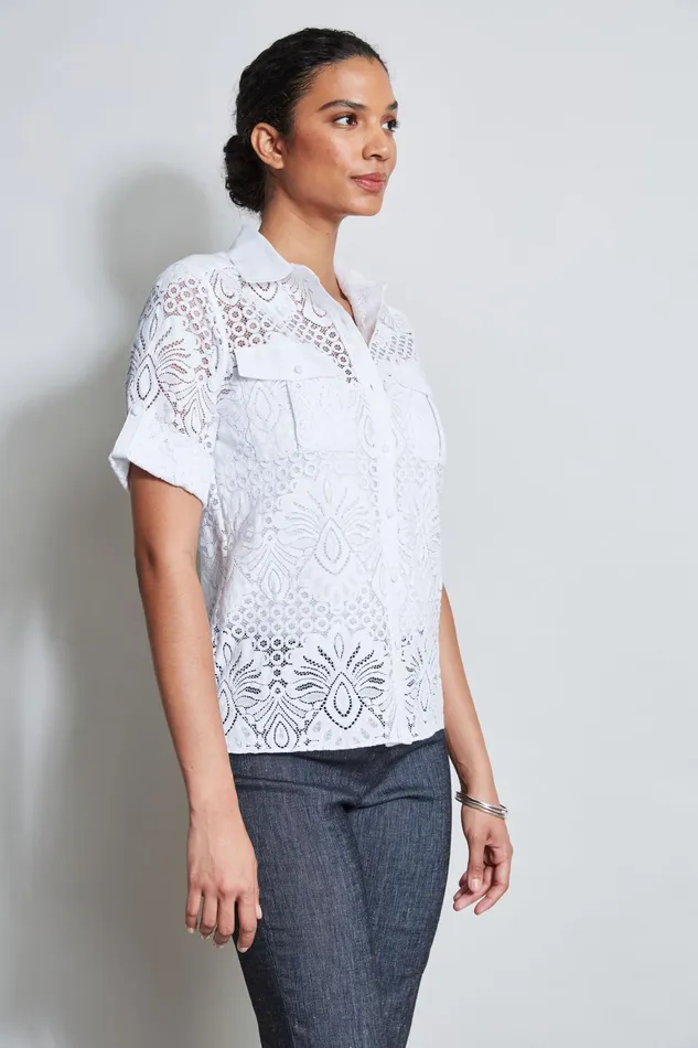 Outlet 8211 Women Tops Elie Tahari Short Sleeve Lace Utility Shirt White