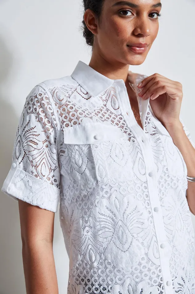 Outlet 8211 Women Tops Elie Tahari Short Sleeve Lace Utility Shirt White