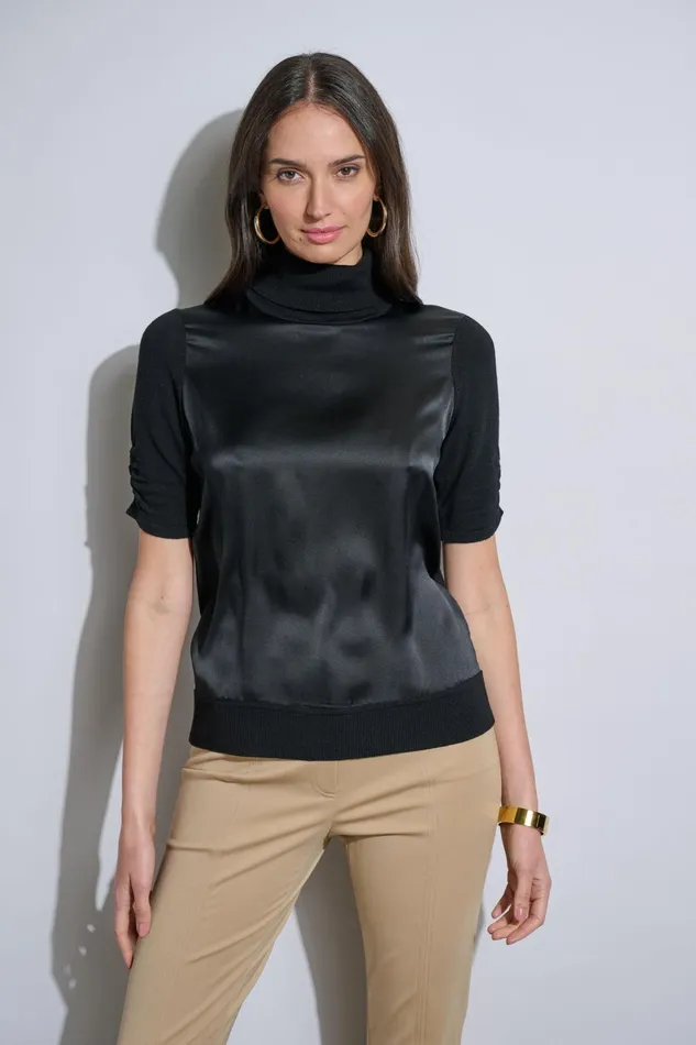 Outlet 8211 Women Tops Elie Tahari Short Sleeve Satin Front Sweater Black