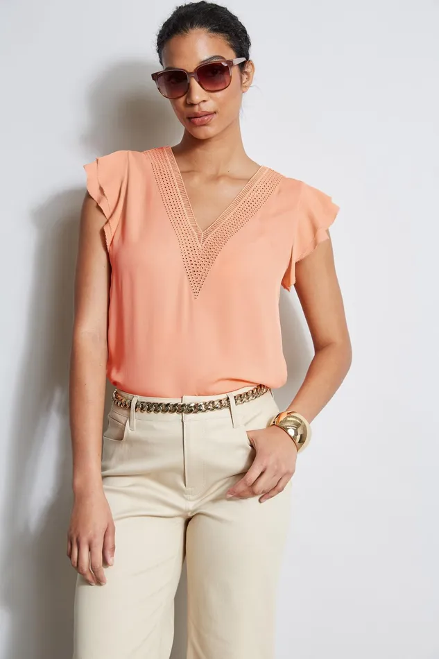 Outlet 8211 Women Tops Elie Tahari Silk Flutter Sleeve Embroidered Shirt Tangerine
