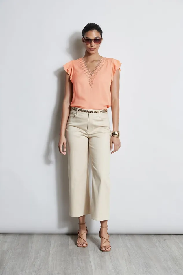 Outlet 8211 Women Tops Elie Tahari Silk Flutter Sleeve Embroidered Shirt Tangerine