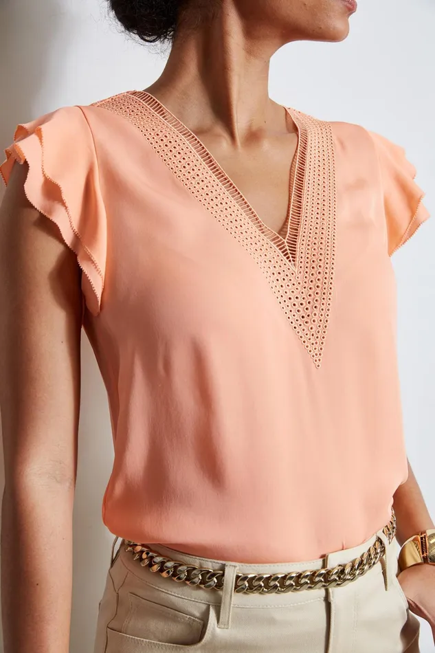 Outlet 8211 Women Tops Elie Tahari Silk Flutter Sleeve Embroidered Shirt Tangerine