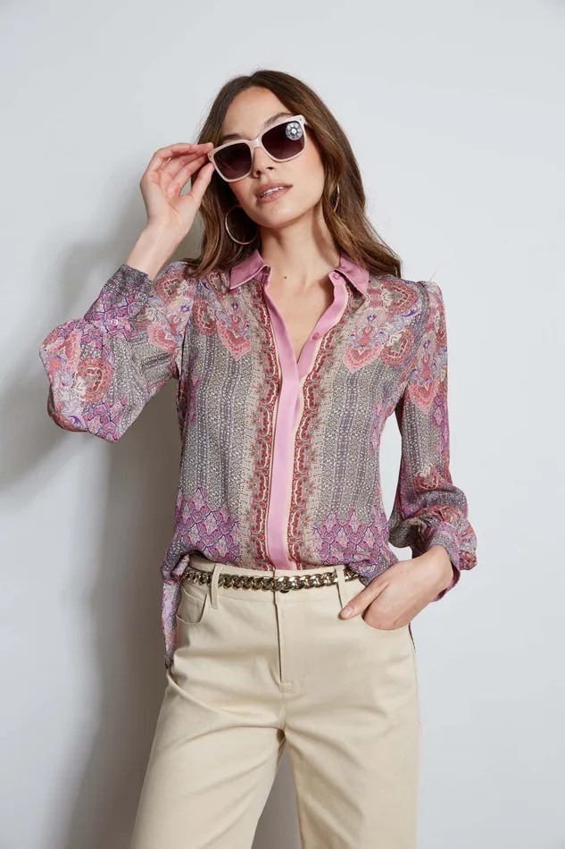 Outlet 8211 Women Tops Elie Tahari Silk Ottoman Paisley Shirt Multi