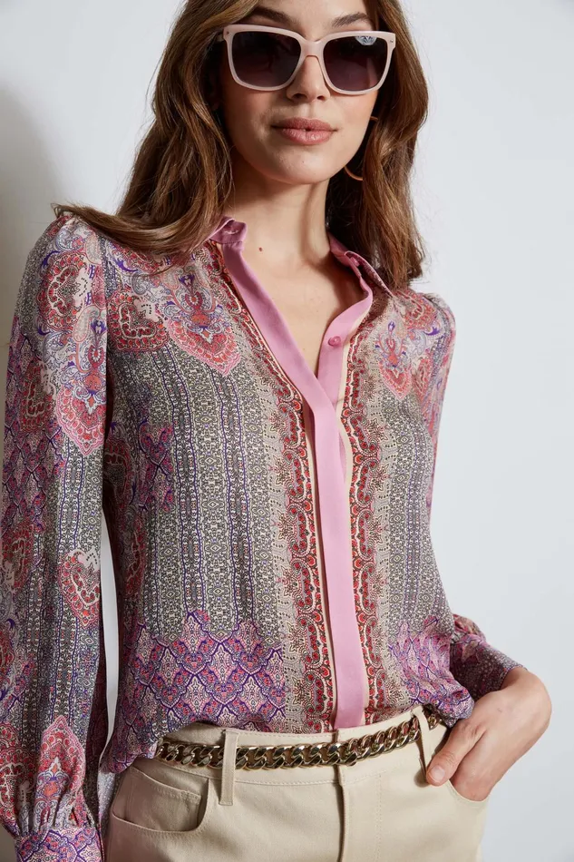 Outlet 8211 Women Tops Elie Tahari Silk Ottoman Paisley Shirt Multi