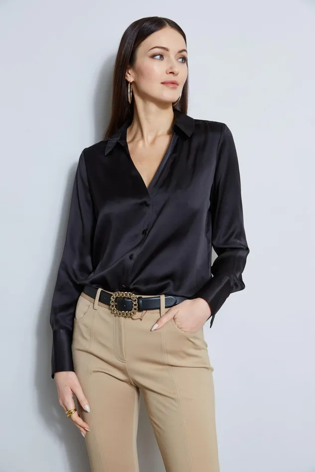 Outlet 8211 Women Tops Elie Tahari Silk Satin Button Down Shirt Black