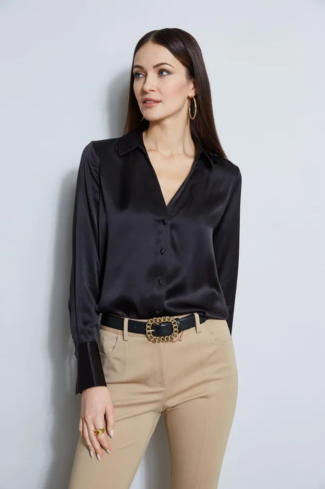 Outlet 8211 Women Tops Elie Tahari Silk Satin Button Down Shirt Black