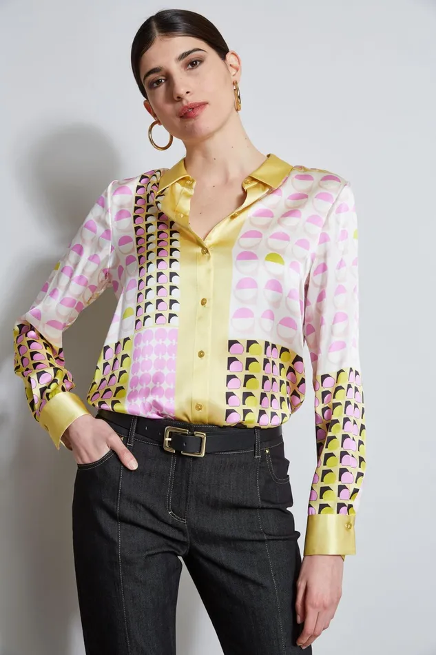 Outlet 8211 Women Tops Elie Tahari Silk Satin Geo Graph Dot Shirt Multi