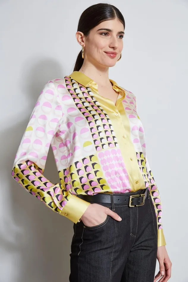 Outlet 8211 Women Tops Elie Tahari Silk Satin Geo Graph Dot Shirt Multi