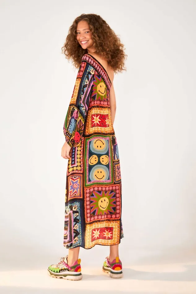 Patchwork Tapestry Smiley One Shoulder Midi Dress Women Farm Rio Midi Dresses