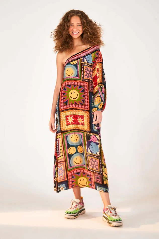 Patchwork Tapestry Smiley One Shoulder Midi Dress Women Farm Rio Midi Dresses