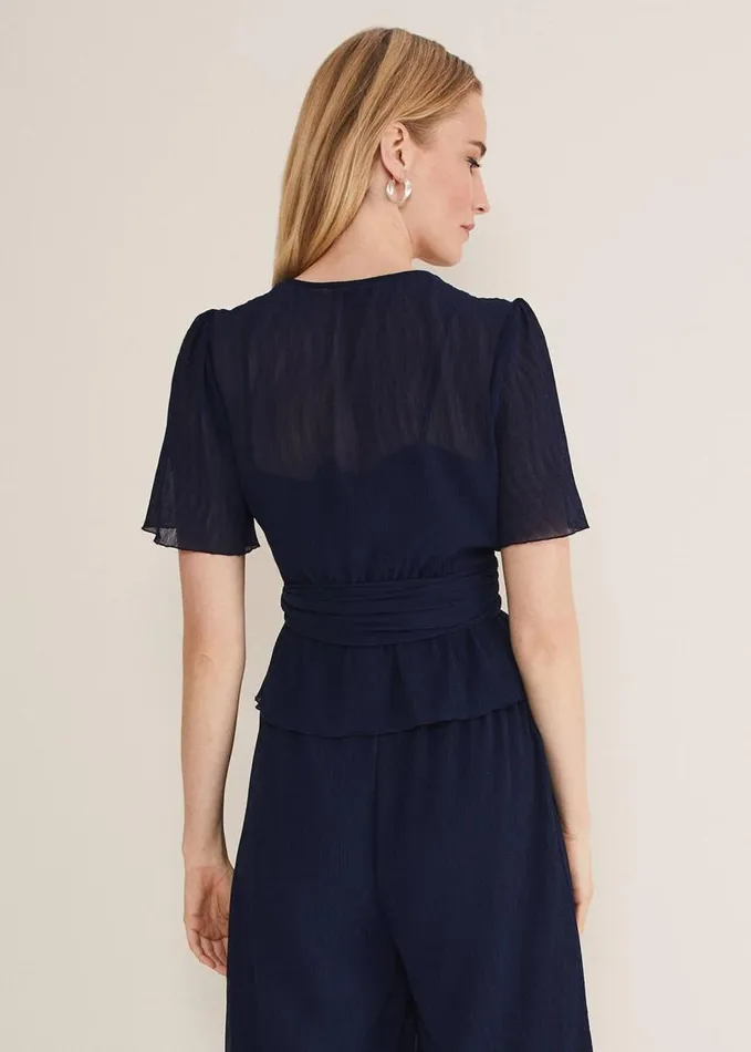 Phase Eight Aster Plisse Wrap Top CoOrd French Navy Women Tops and TShirts