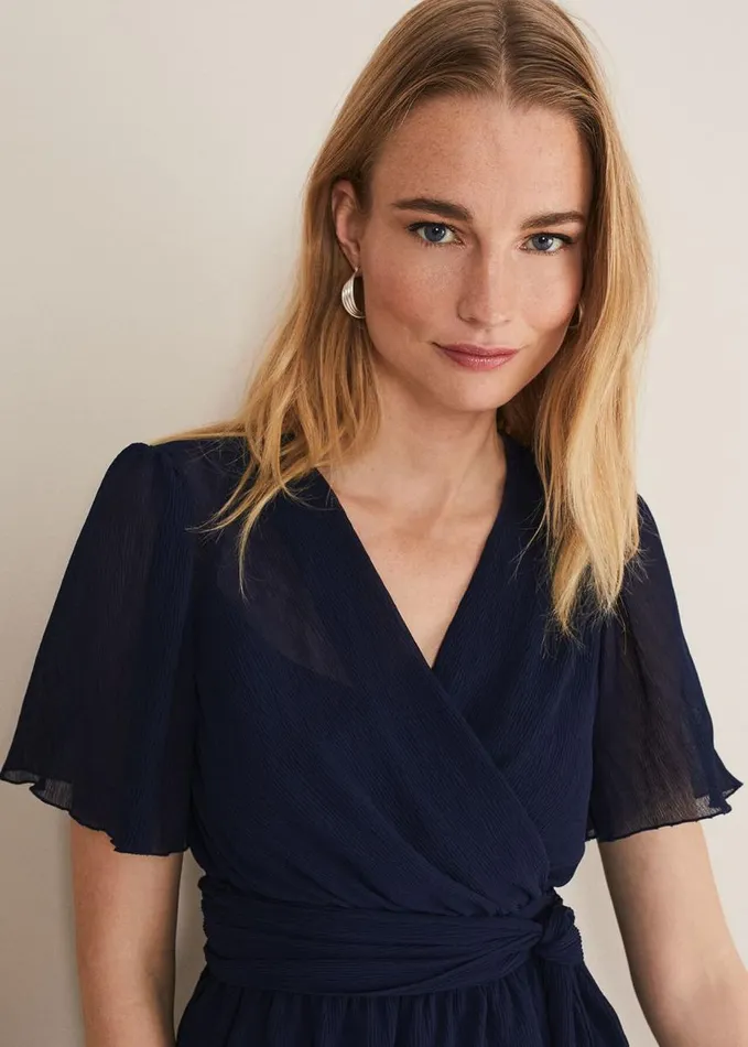 Phase Eight Aster Plisse Wrap Top CoOrd French Navy Women Tops and TShirts