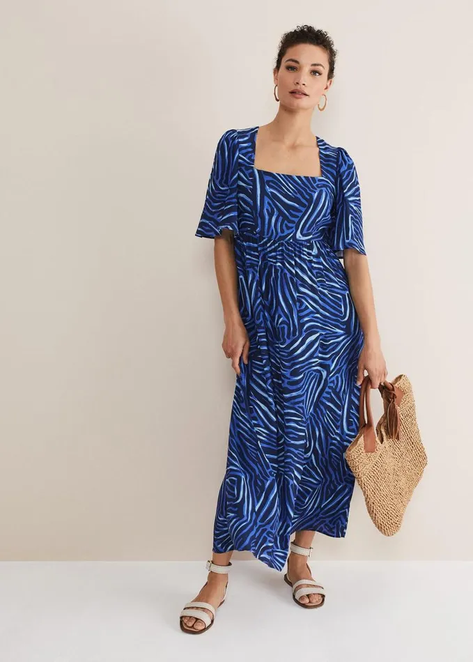 Phase Eight Ayesha Zebra Print Midi Dress Blue Women Dresses