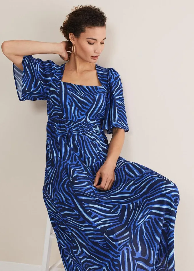 Phase Eight Ayesha Zebra Print Midi Dress Blue Women Dresses