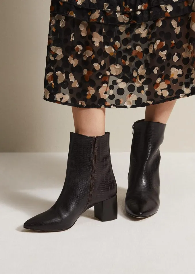 Phase Eight Black Leather Croc Print Ankle Boots Brown Women Boots