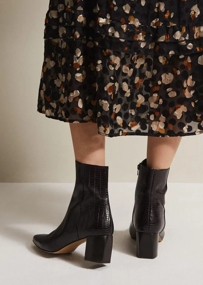 Phase Eight Black Leather Croc Print Ankle Boots Brown Women Boots