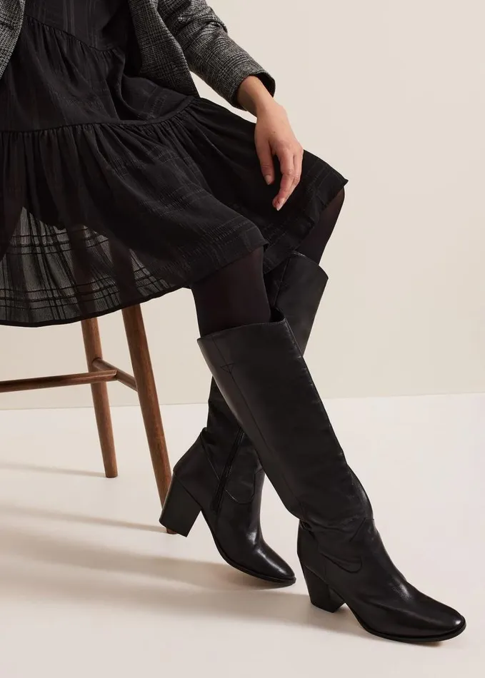 Phase Eight Black Leather Western Knee Boot Black Women Boots