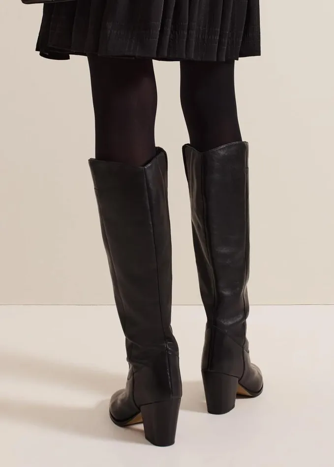 Phase Eight Black Leather Western Knee Boot Black Women Boots