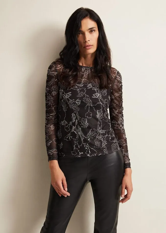 Phase Eight Breanna Floral Print Mesh Top Black Women Tops and TShirts
