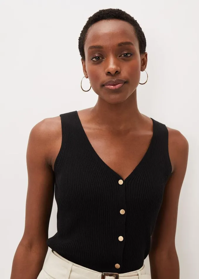 Phase Eight Celine Ribbed Button Vest Top Black Women Knitwear