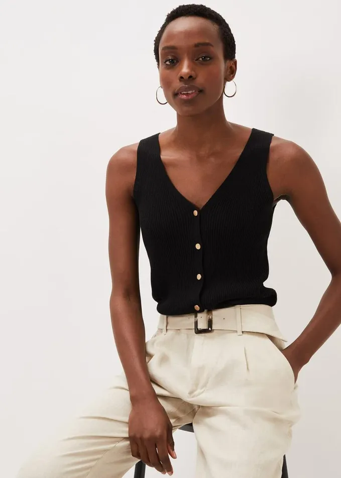 Phase Eight Celine Ribbed Button Vest Top Black Women Knitwear