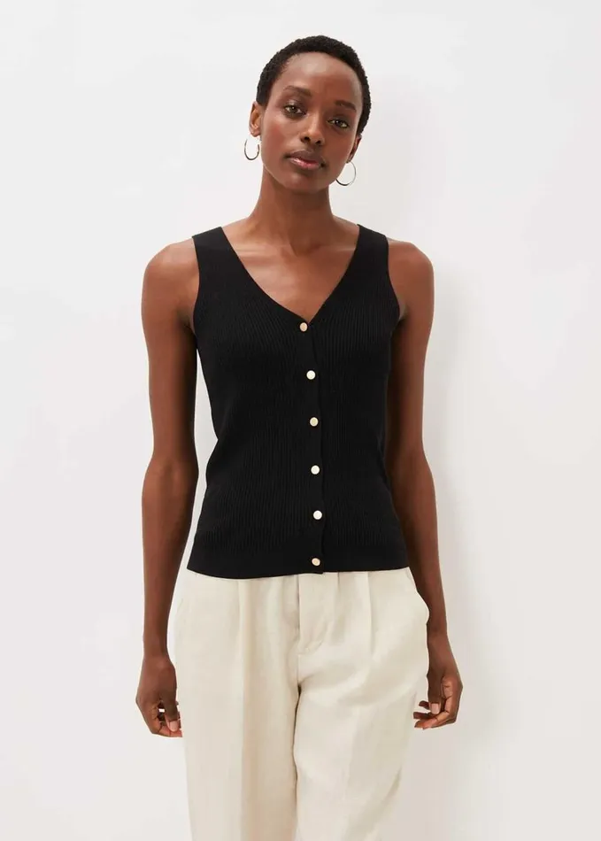 Phase Eight Celine Ribbed Button Vest Top Black Women Knitwear