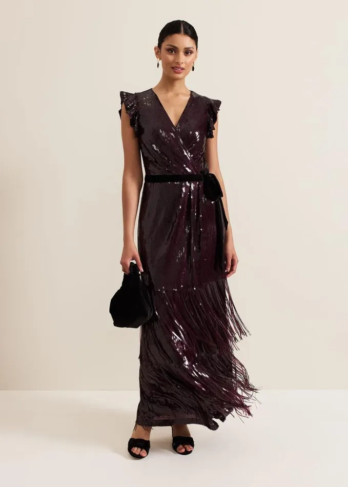 Phase Eight Chanai Sequin Wrap Maxi Dress Burgundy Women Dresses
