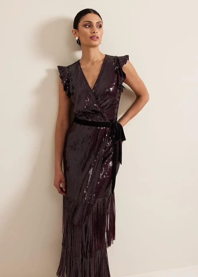 Phase Eight Chanai Sequin Wrap Maxi Dress Burgundy Women Dresses