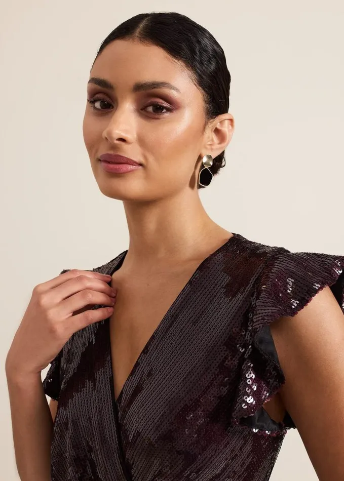 Phase Eight Chanai Sequin Wrap Maxi Dress Burgundy Women Dresses