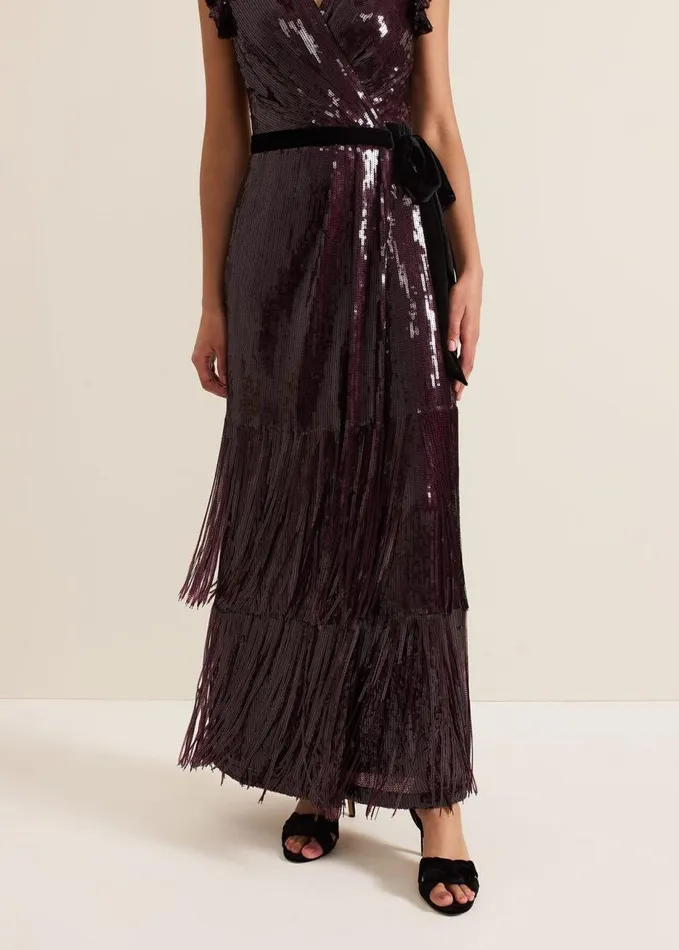 Phase Eight Chanai Sequin Wrap Maxi Dress Burgundy Women Dresses