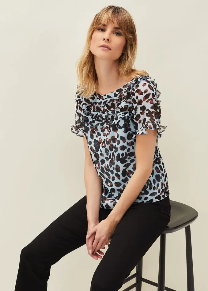 Phase Eight Consta Frill Leopard Blouse Blue Multi Women Shirts and Blouses