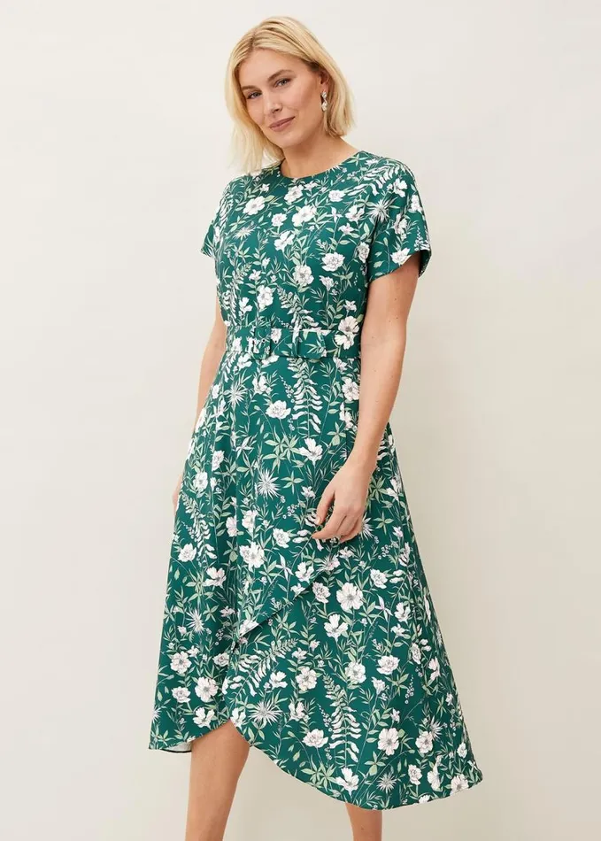 Phase Eight Dee Floral Frill Dress Bottle Green Women Dresses