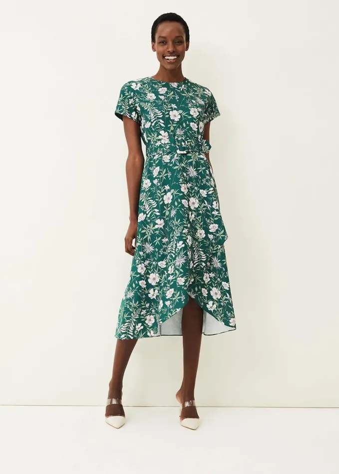 Phase Eight Dee Floral Frill Dress Bottle Green Women Dresses