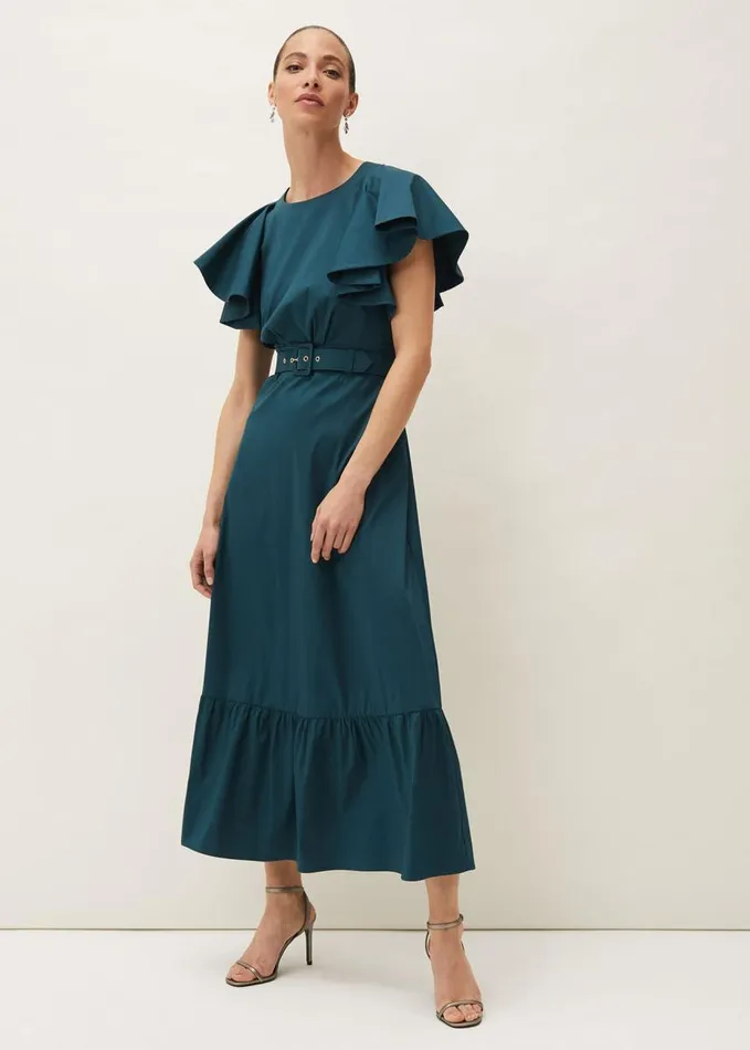 Phase Eight Dinah Frill Sleeve Belted Maxi Dress Petrol Women Dresses
