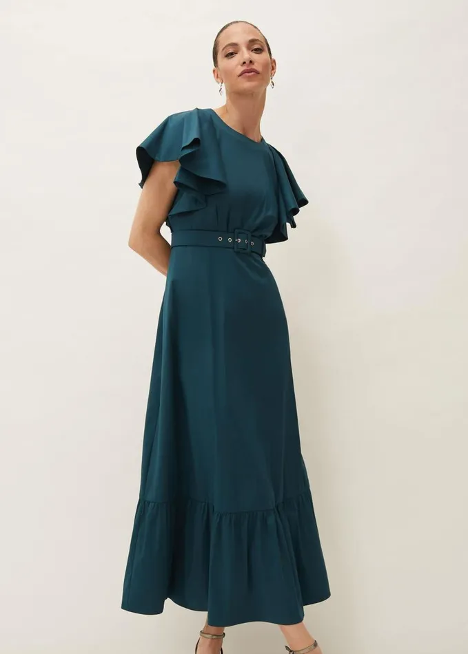 Phase Eight Dinah Frill Sleeve Belted Maxi Dress Petrol Women Dresses