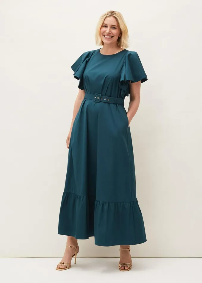 Phase Eight Dinah Frill Sleeve Belted Maxi Dress Petrol Women Dresses