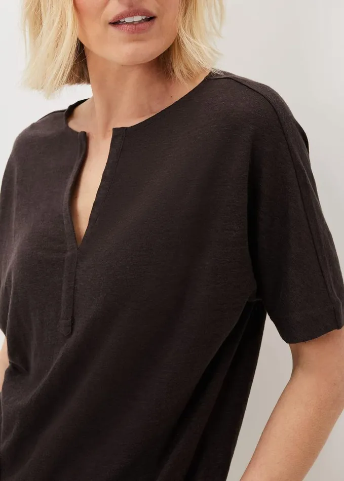 Phase Eight Elsy Linen Notch Neck Top Chocolate Women Tops and TShirts