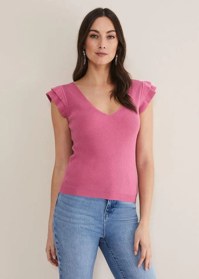 Phase Eight Flory Frill Sleeve Vest Pink Women Knitwear