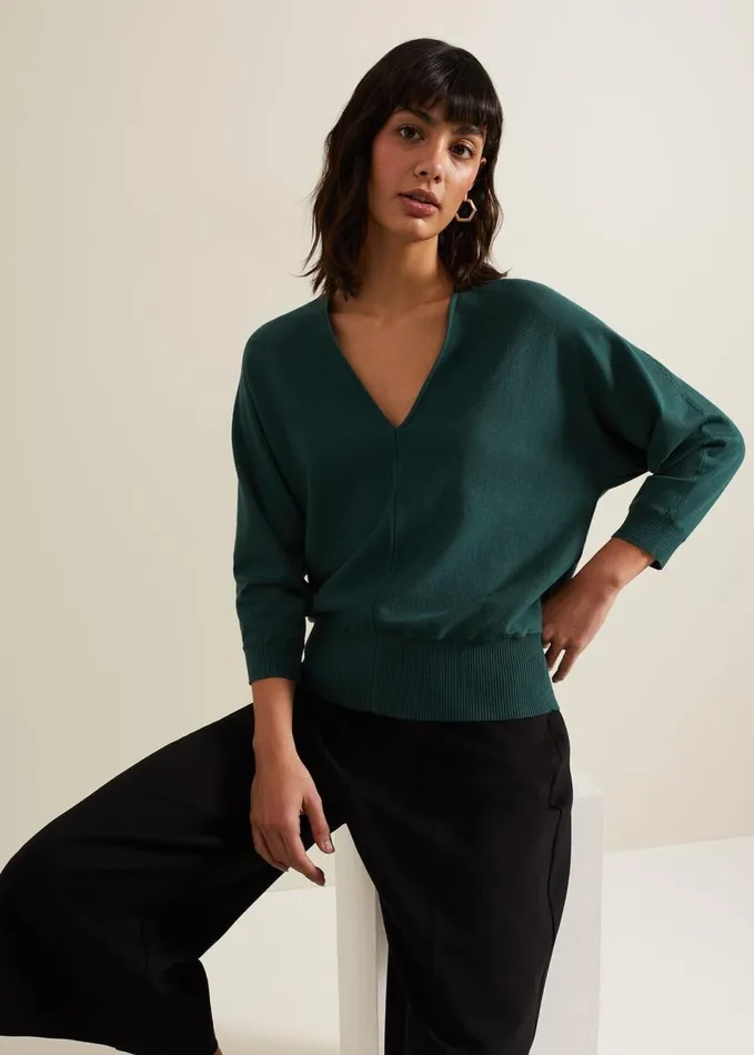 Phase Eight Gina V Neck Batwing Jumper Green Women Knitwear