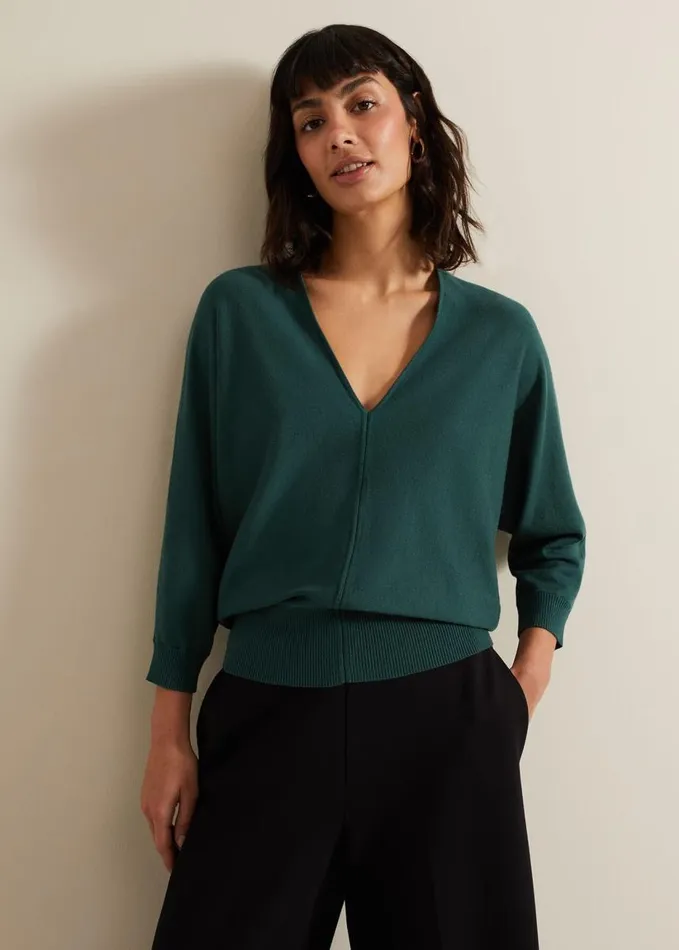 Phase Eight Gina V Neck Batwing Jumper Green Women Knitwear