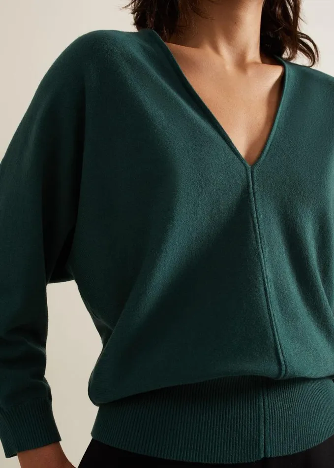 Phase Eight Gina V Neck Batwing Jumper Green Women Knitwear