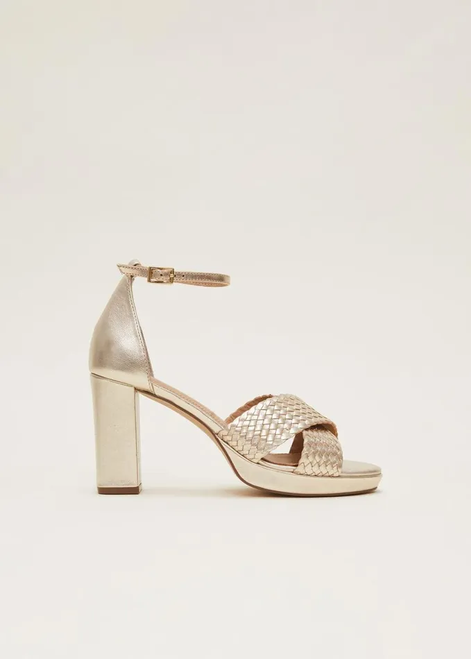 Phase Eight Gold Leather Open Toe Heels Gold Women Occasion Shoes