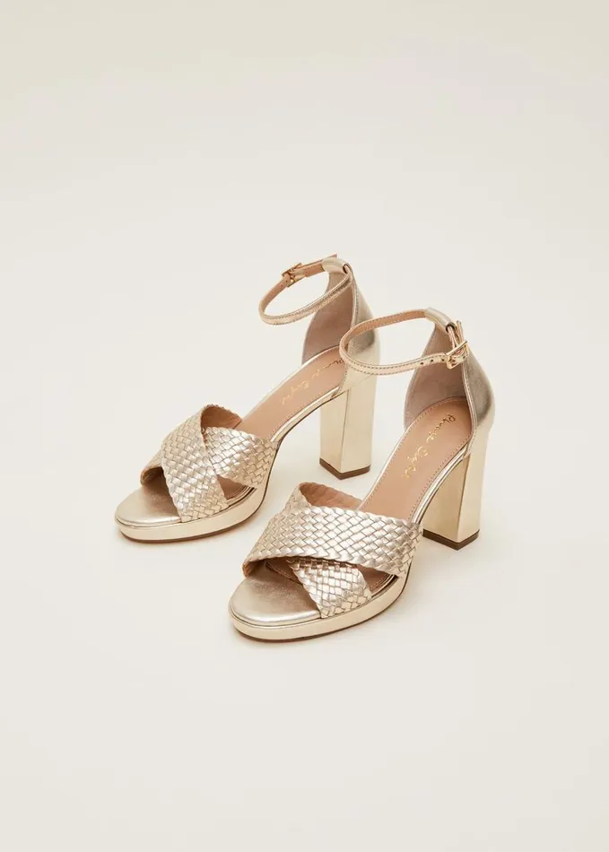 Phase Eight Gold Leather Open Toe Heels Gold Women Occasion Shoes