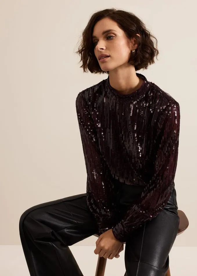 Phase Eight Hannah High Neck Sequin Top Burgundy Women Shirts and Blouses