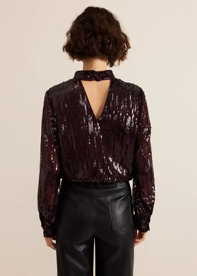 Phase Eight Hannah High Neck Sequin Top Burgundy Women Shirts and Blouses