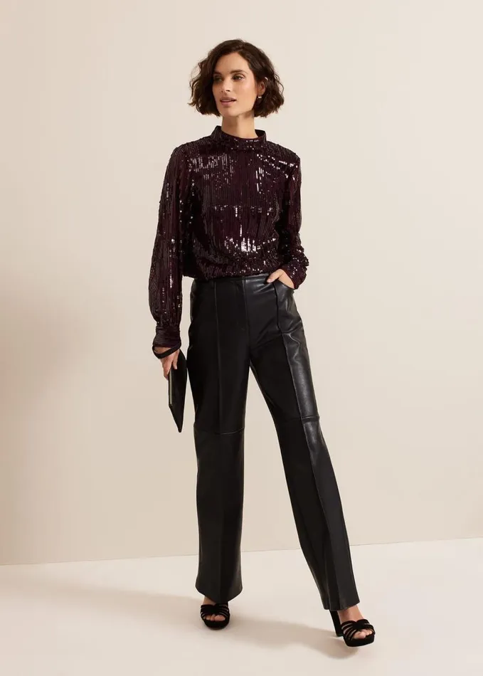 Phase Eight Hannah High Neck Sequin Top Burgundy Women Shirts and Blouses