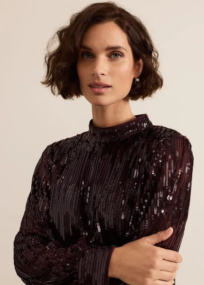Phase Eight Hannah High Neck Sequin Top Burgundy Women Shirts and Blouses