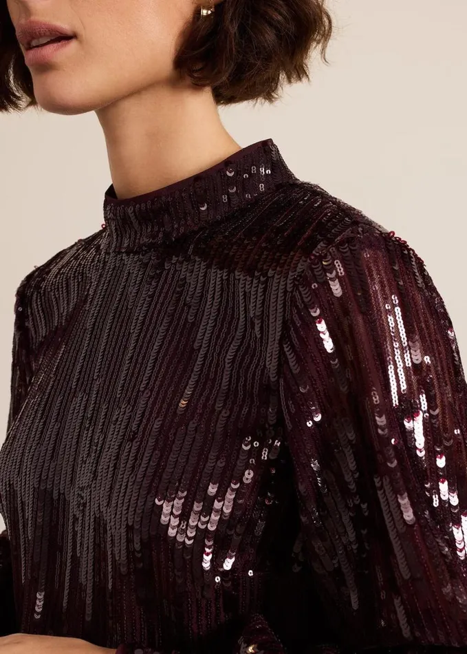 Phase Eight Hannah High Neck Sequin Top Burgundy Women Shirts and Blouses