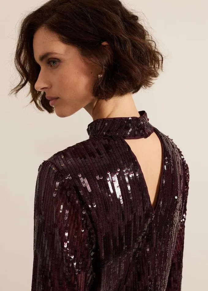 Phase Eight Hannah High Neck Sequin Top Burgundy Women Shirts and Blouses