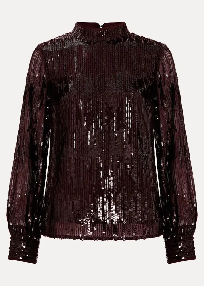 Phase Eight Hannah High Neck Sequin Top Burgundy Women Shirts and Blouses